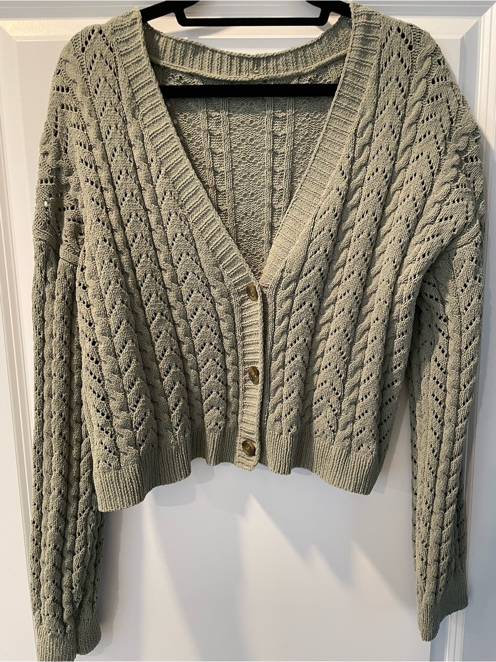 Francesca’s Sage Green Open-Knit V-Neck Button Cardigan